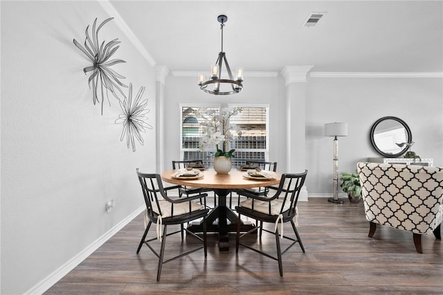 dining space with dark wood-style floors, ornamental molding, and baseboards