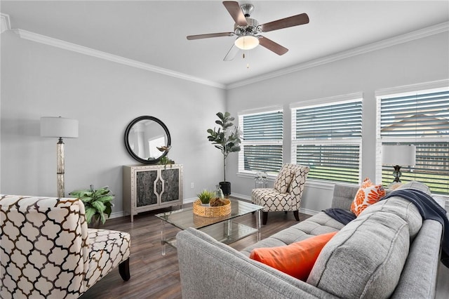 living room featuring ornamental molding, dark wood-type flooring, plenty of natural light, and baseboards