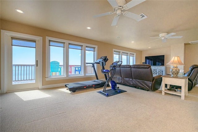 exercise room featuring a ceiling fan, visible vents, carpet flooring, and recessed lighting