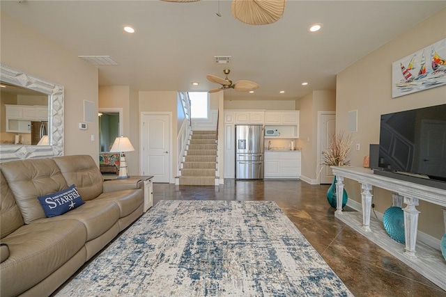 living area featuring visible vents, stairway, a ceiling fan, and recessed lighting