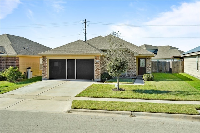 view of front of home with a front yard and a garage