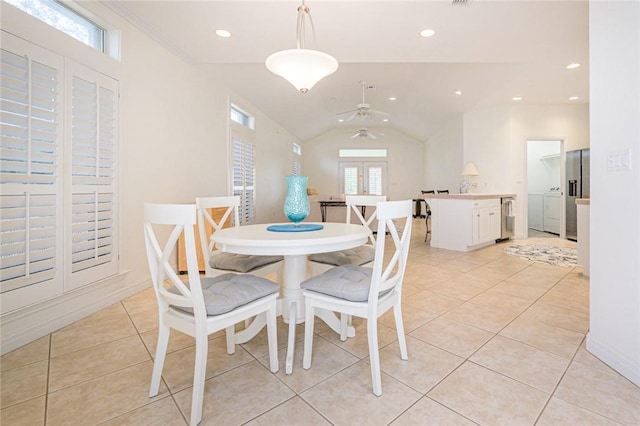 dining room featuring recessed lighting, ceiling fan, lofted ceiling, and light tile patterned flooring
