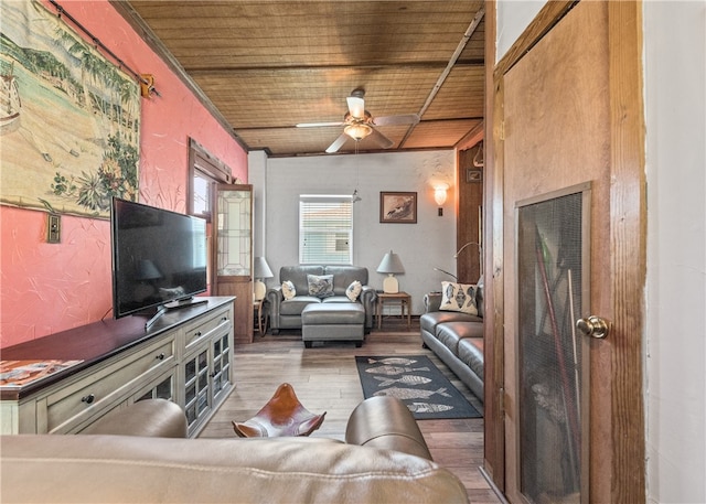 living room with hardwood / wood-style flooring, ceiling fan, and wood ceiling