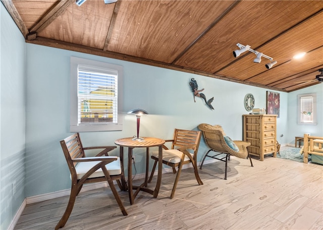 sitting room featuring wood-type flooring, wood ceiling, and vaulted ceiling