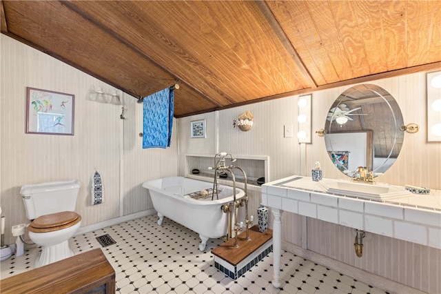 bathroom featuring toilet, sink, wooden ceiling, ceiling fan, and a bath