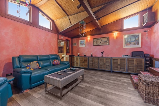 living room featuring hardwood / wood-style floors, wooden ceiling, beamed ceiling, and high vaulted ceiling