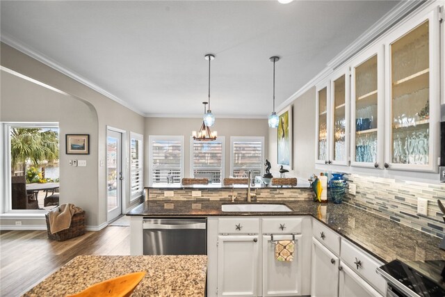 kitchen with white cabinetry, dark hardwood / wood-style flooring, sink, dishwasher, and dark stone countertops