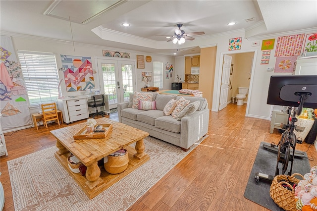 7710 Cisco, Corpus Christi, TX 78413 - living room with attic access, crown molding, french doors, a ceiling fan, and recessed lighting