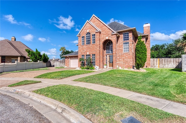 7710 Cisco, Corpus Christi, TX 78413 - traditional home featuring brick siding, driveway, a garage, a chimney, and roof with shingles