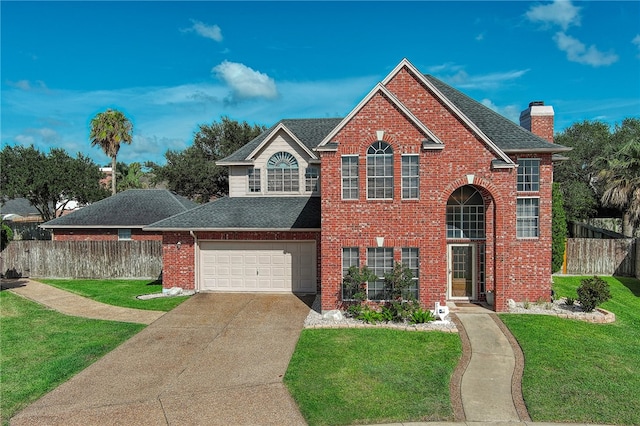 7710 Cisco, Corpus Christi, TX 78413 - traditional home with brick siding, a chimney, concrete driveway, and roof with shingles