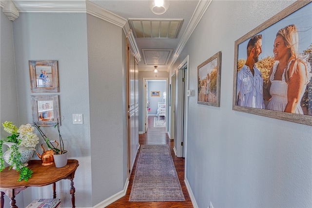 7710 Cisco, Corpus Christi, TX 78413 - corridor featuring attic access, dark wood-type flooring, crown molding, and a textured wall