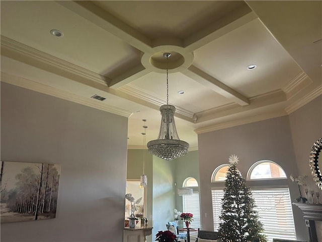 interior details featuring beam ceiling, coffered ceiling, ornamental molding, and a notable chandelier