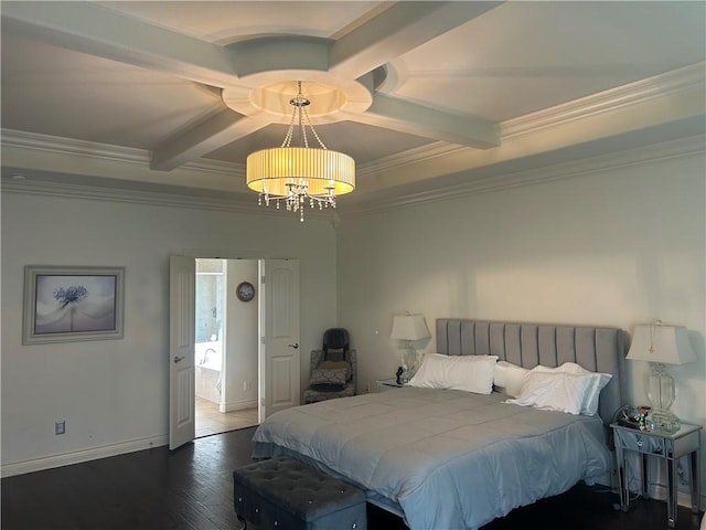 bedroom featuring crown molding, beamed ceiling, and dark hardwood / wood-style floors