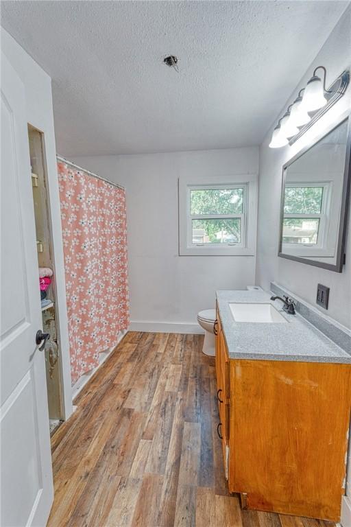 1309 Annapolis Dr, Corpus Christi, TX 78415 - bathroom with wood finished floors, vanity, a textured ceiling, toilet, and a shower with curtain