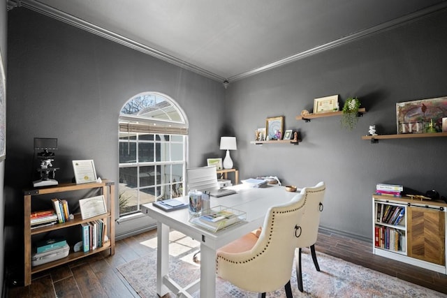 office featuring ornamental molding and wood finished floors