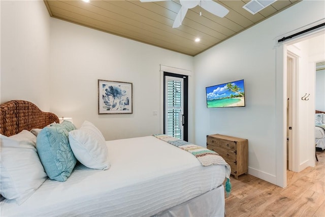 bedroom featuring ceiling fan, wooden ceiling, and light hardwood / wood-style flooring