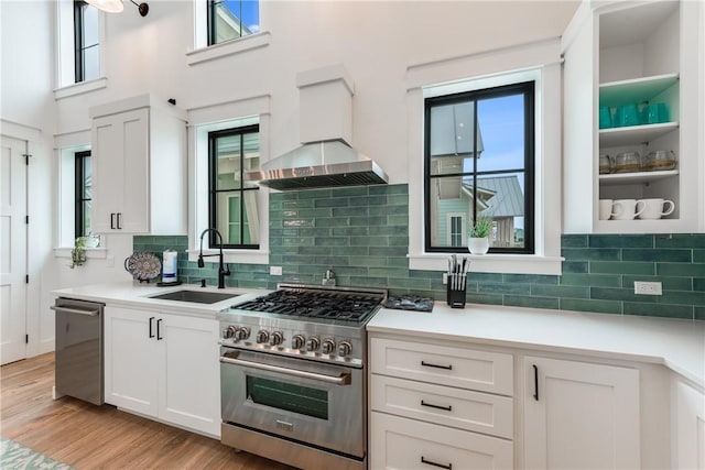 kitchen with wall chimney exhaust hood, plenty of natural light, sink, and appliances with stainless steel finishes