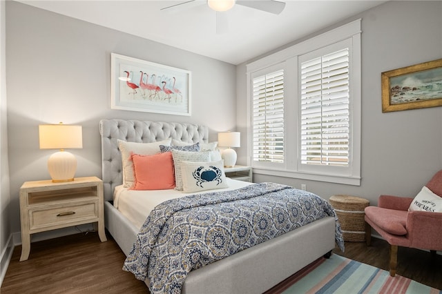 bedroom with a ceiling fan and wood finished floors