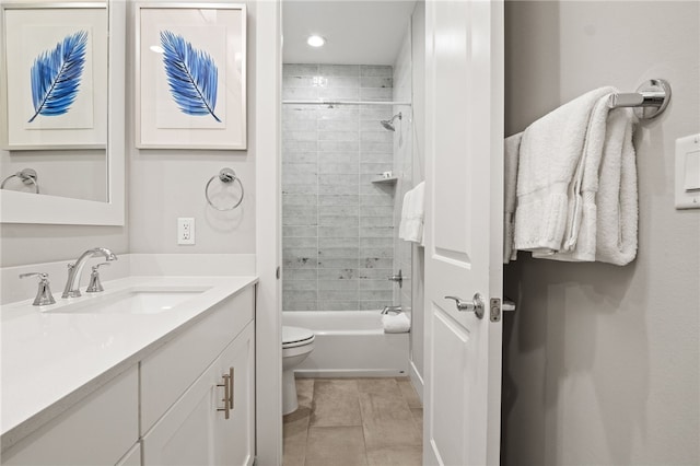 full bath with shower / bathing tub combination, toilet, and vanity