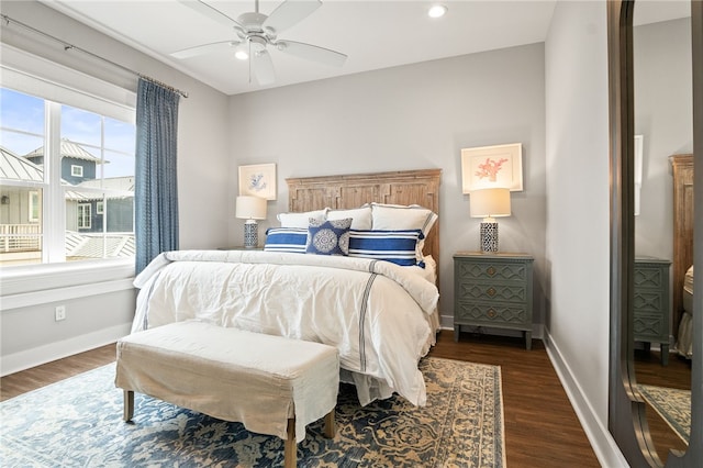 bedroom featuring recessed lighting, a ceiling fan, baseboards, and wood finished floors