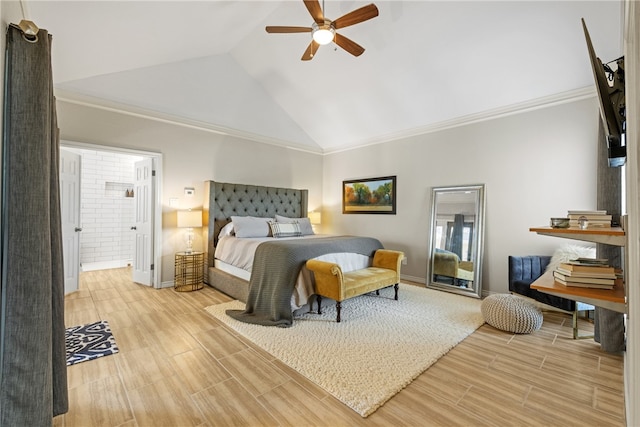 4658 Oso Pkwy, Corpus Christi, TX 78413 - bedroom with light wood-style flooring, ornamental molding, connected bathroom, ceiling fan, and high vaulted ceiling