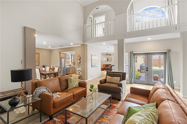4658 Oso Pkwy, Corpus Christi, TX 78413 - living area with a high ceiling, ornamental molding, french doors, and recessed lighting