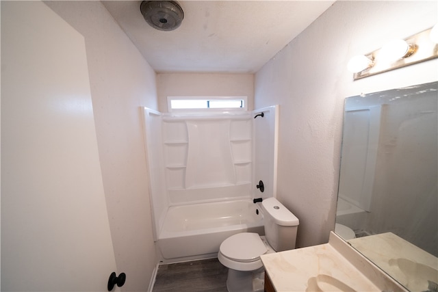 full bathroom with toilet, bathtub / shower combination, vanity, and hardwood / wood-style flooring