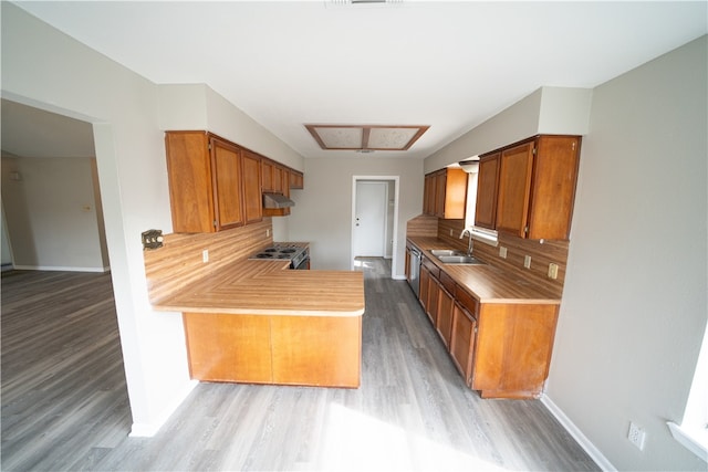 kitchen featuring stainless steel appliances, sink, kitchen peninsula, backsplash, and light wood-type flooring