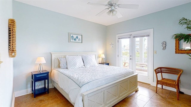 tiled bedroom featuring access to outside and ceiling fan