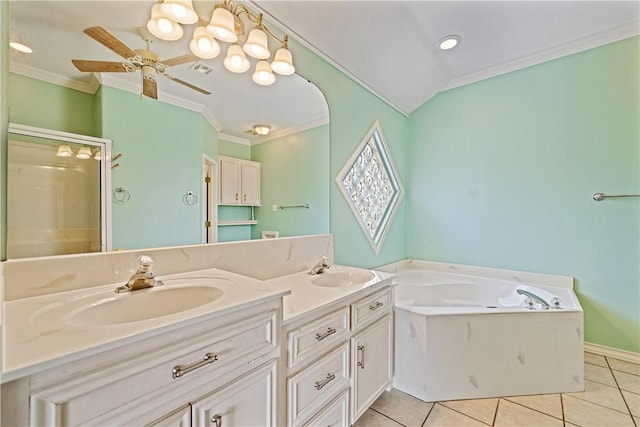 14825 Dasmarinas Dr, Corpus Christi, TX 78418 - full bath featuring double vanity, tile patterned floors, a ceiling fan, ornamental molding, and a bath