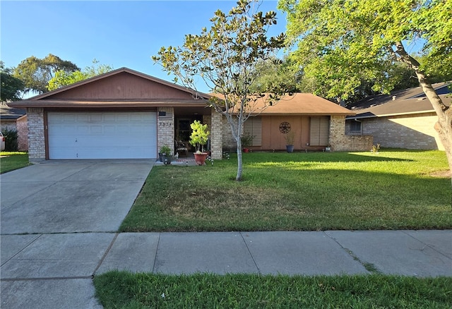 single story home featuring a front yard and a garage