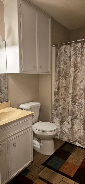 9334 Moon Beam, Corpus Christi, TX 78409 - bathroom with vanity, toilet, wood finished floors, and a shower with shower curtain