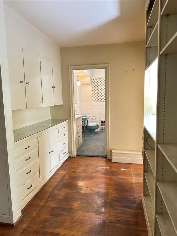 hallway featuring dark wood-type flooring