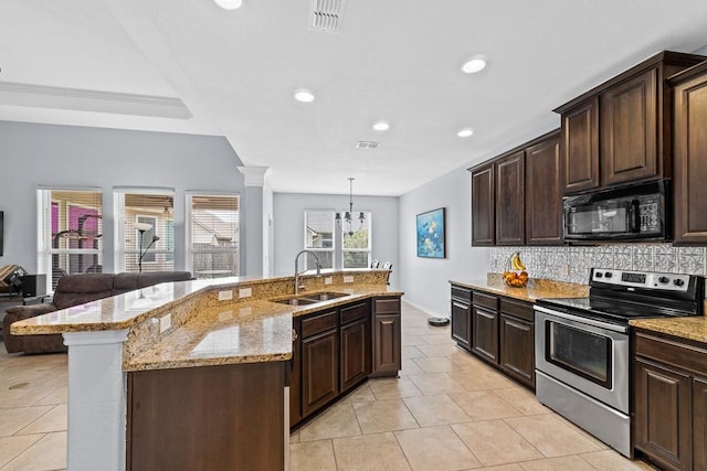 kitchen featuring black microwave, a sink, recessed lighting, tasteful backsplash, and stainless steel electric stove