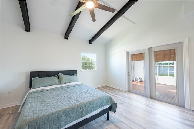 bedroom with beamed ceiling, ceiling fan, access to exterior, high vaulted ceiling, and hardwood / wood-style floors