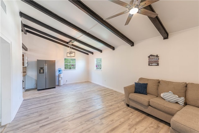 living room with lofted ceiling with beams, light hardwood / wood-style floors, and ceiling fan