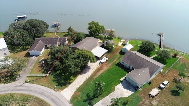 drone / aerial view featuring a water view