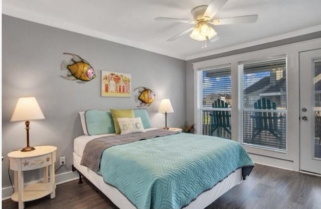 bedroom featuring dark hardwood / wood-style flooring, access to exterior, ornamental molding, and ceiling fan