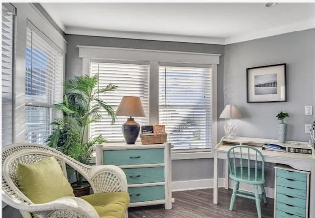 home office with hardwood / wood-style flooring and crown molding