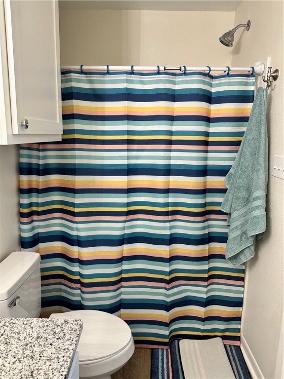 bathroom featuring toilet, vanity, and a shower with shower curtain