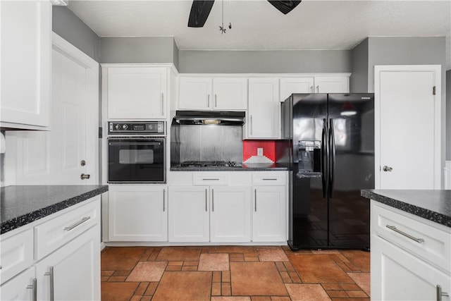 kitchen featuring ceiling fan, white cabinets, and black appliances