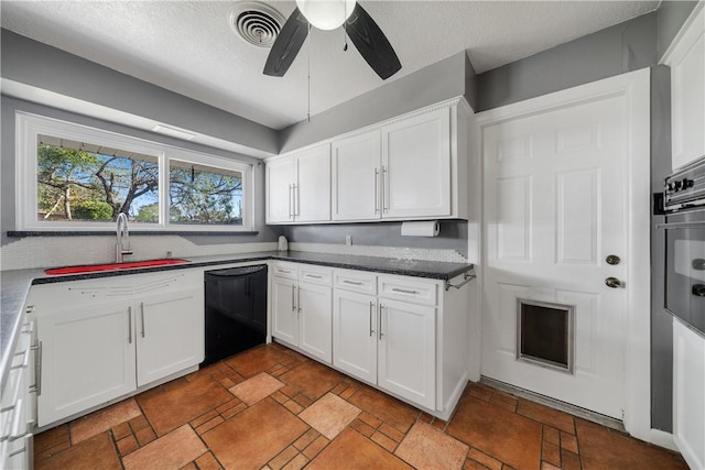 kitchen with ceiling fan, white cabinetry, dishwasher, and sink