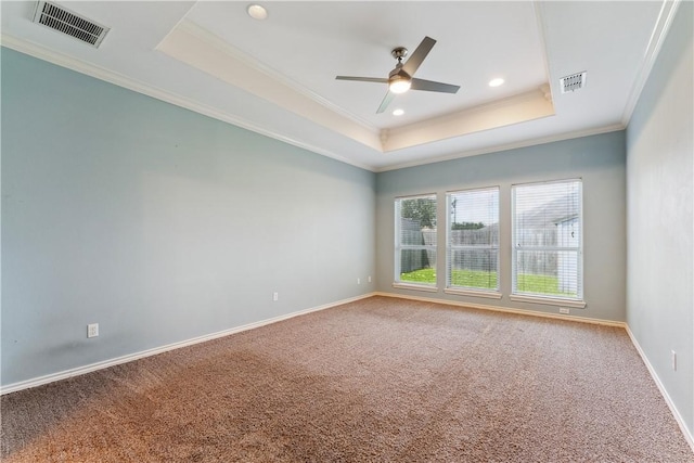 6530 Picante Dr, Corpus Christi, TX 78414 - empty room featuring a raised ceiling, crown molding, carpet flooring, ceiling fan, and recessed lighting