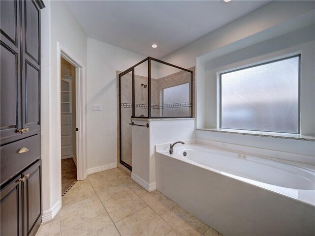 6134 Strasbourg Dr, Corpus Christi, TX 78414 - bathroom featuring a bath, a stall shower, tile patterned floors, and recessed lighting