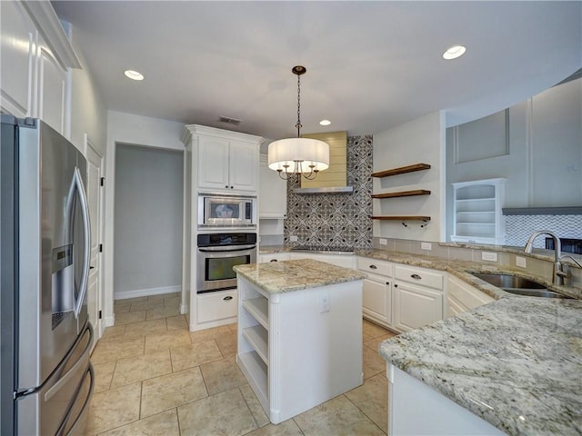 6134 Strasbourg Dr, Corpus Christi, TX 78414 - kitchen featuring stainless steel appliances, open shelves, ventilation hood, backsplash, and recessed lighting