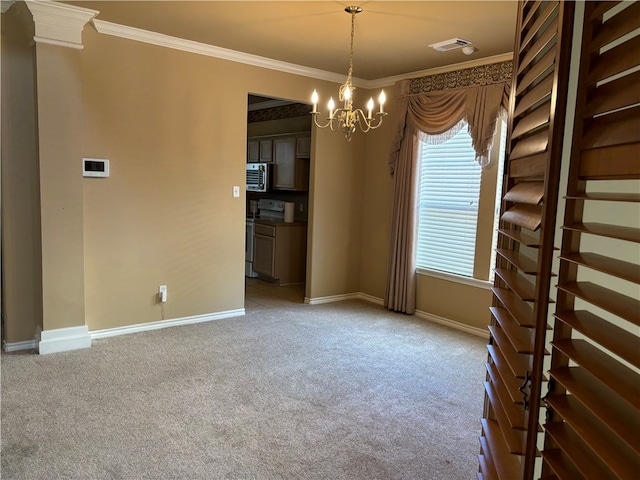 empty room with a notable chandelier, light colored carpet, and crown molding