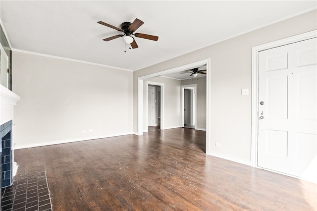 1367 Normandy Dr, Corpus Christi, TX 78415 - unfurnished living room with ceiling fan, a tiled fireplace, wood finished floors, and ornamental molding