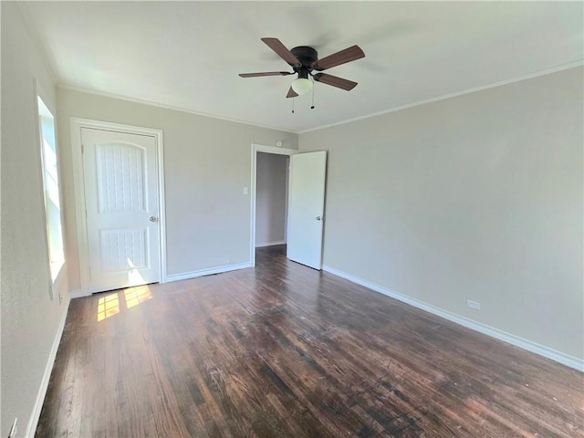 1367 Normandy Dr, Corpus Christi, TX 78415 - unfurnished bedroom featuring dark wood-type flooring, baseboards, ornamental molding, and ceiling fan