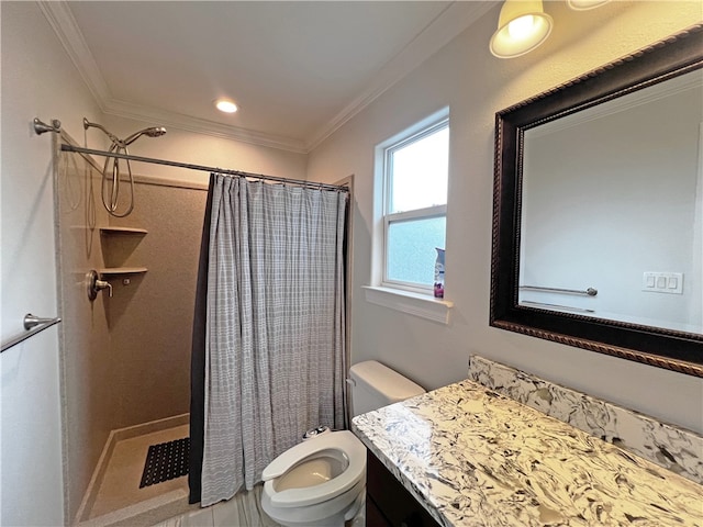 bathroom with a shower with shower curtain, vanity, toilet, and crown molding