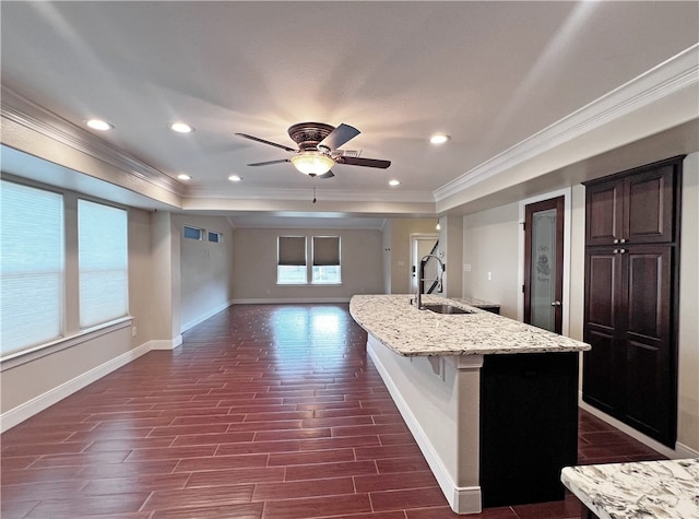 kitchen featuring ceiling fan, sink, dark hardwood / wood-style floors, an island with sink, and ornamental molding